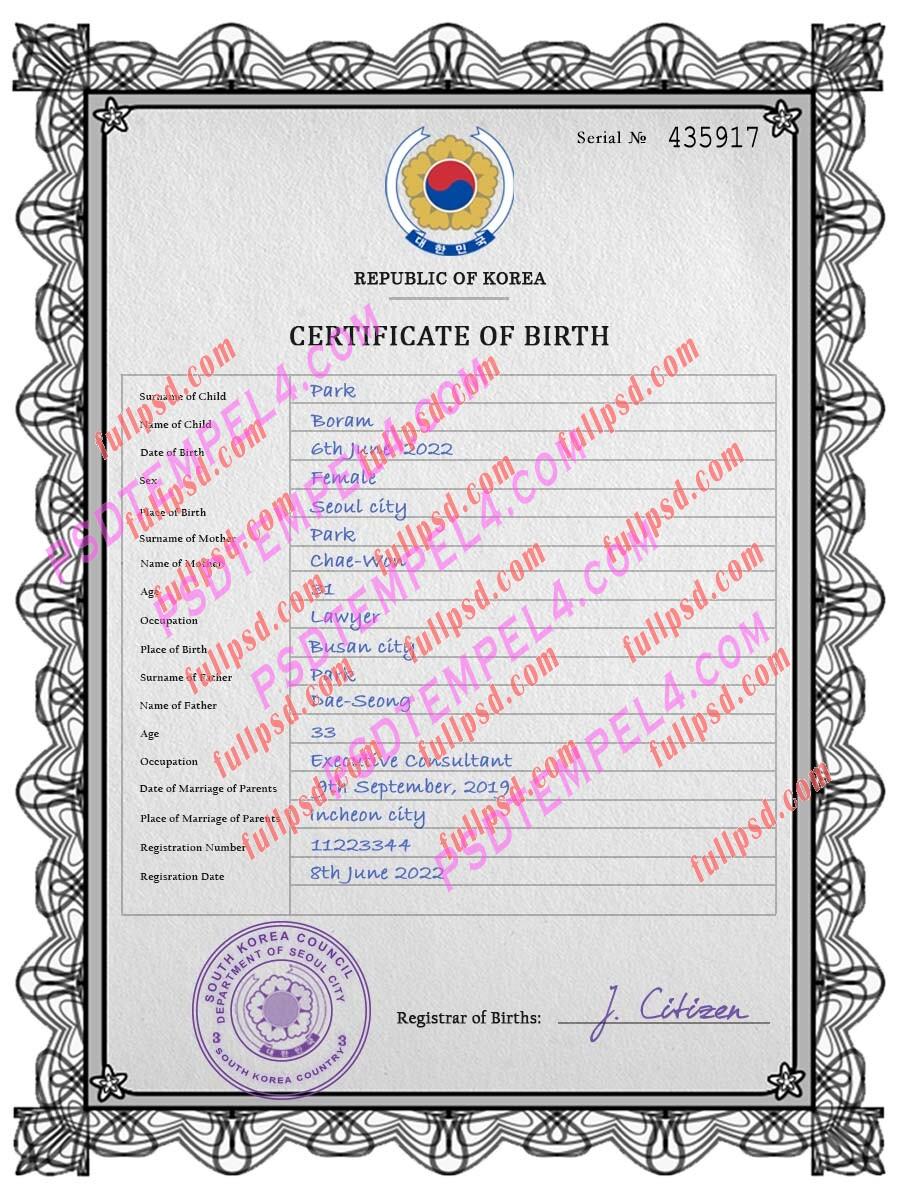 South Korea Birth certificate PSD