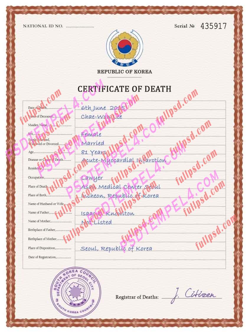 South Korea death certificate psd