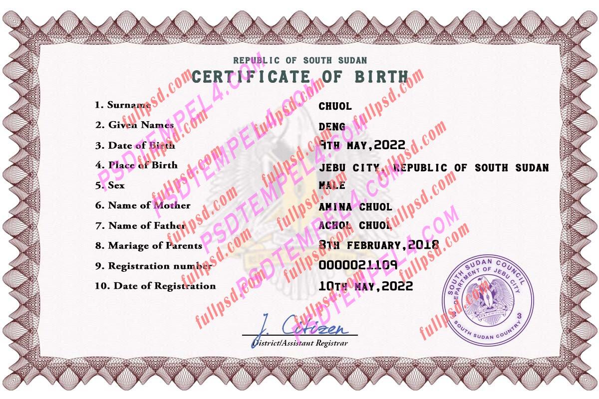 South Sudan Birth certificate PSD