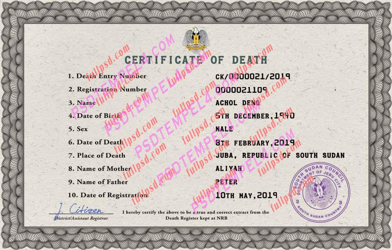 South Sudan death certificate psd