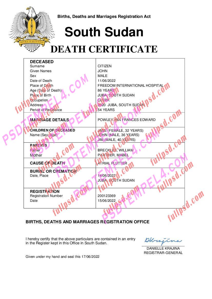 South Sudan death certificate pdf and word