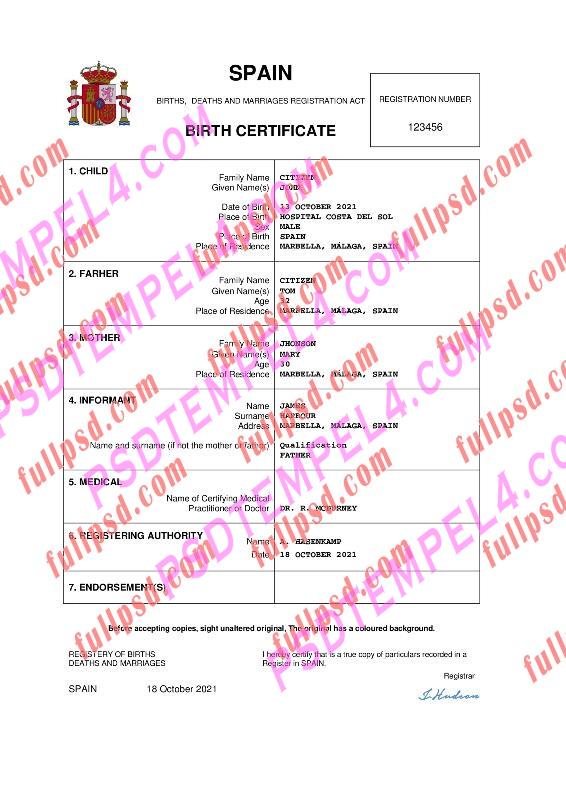 Spain Birth certificate pdf and word