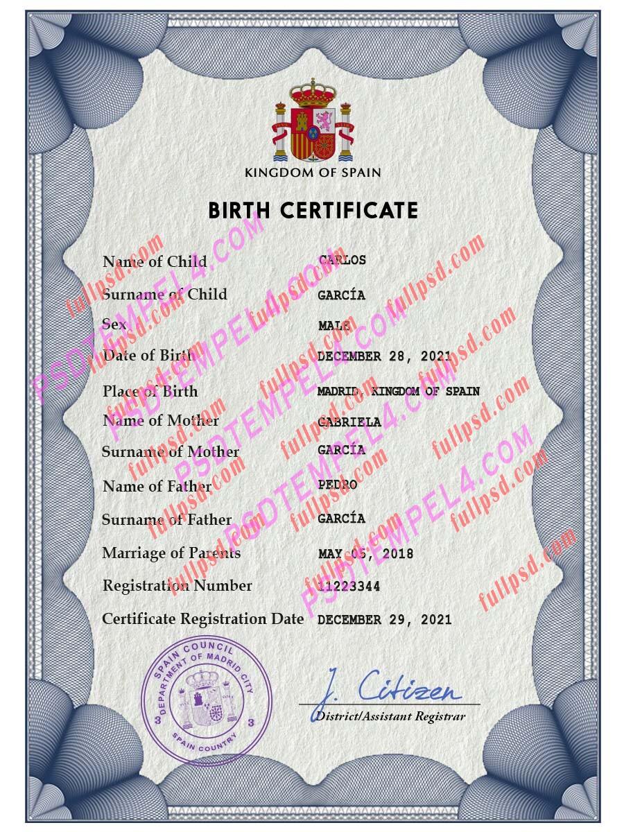 Spain Birth certificate PSD