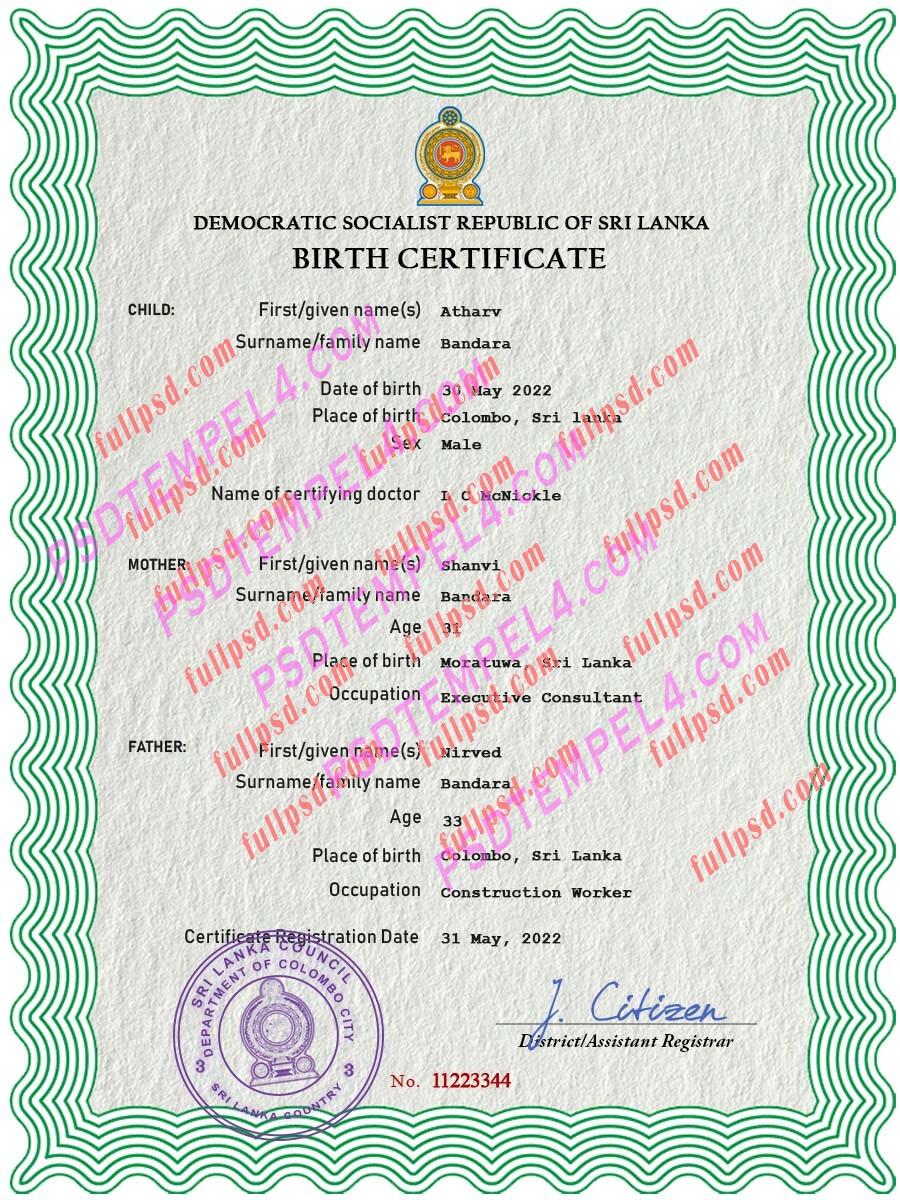 Sri Lanka Birth certificate PSD