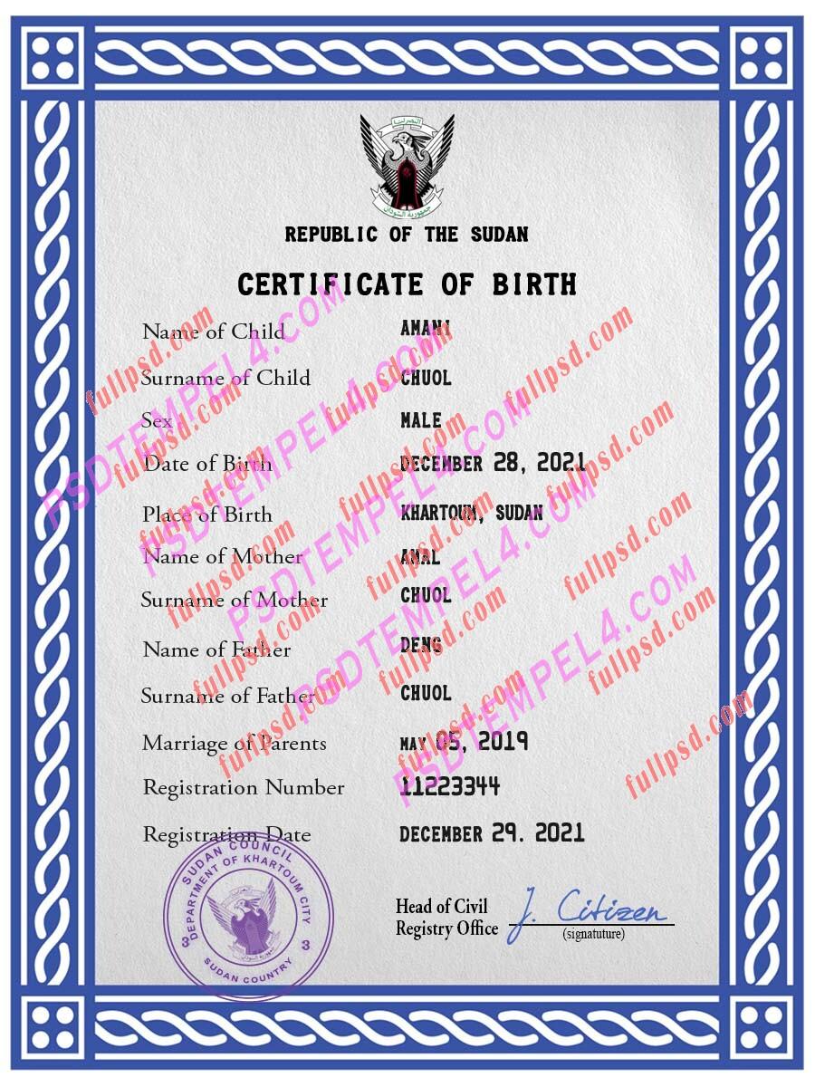 Sudan Birth certificate PSD