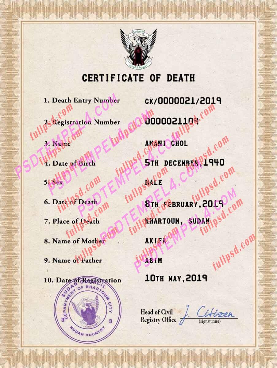 Sudan death certificate psd