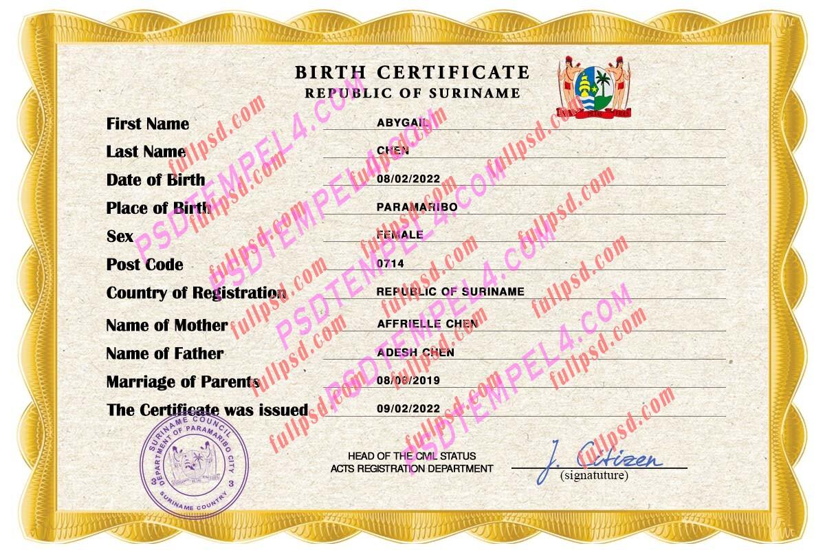 Suriname Birth certificate PSD