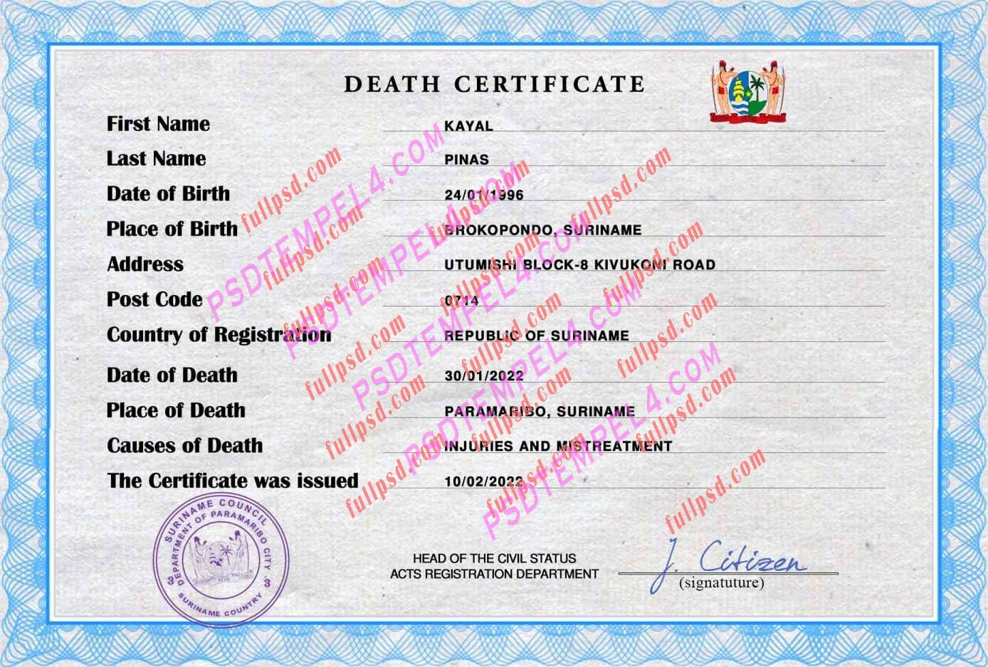 Suriname death certificate psd