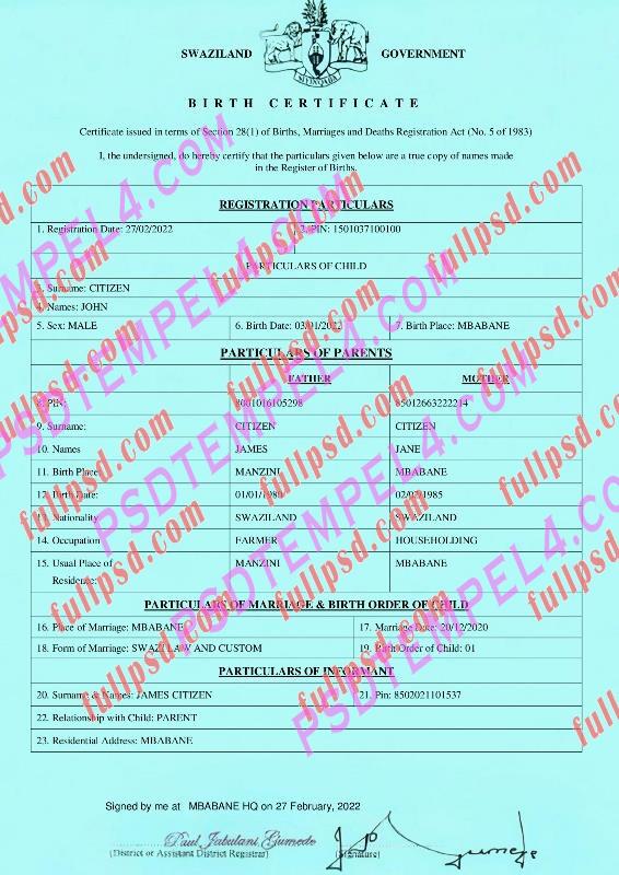 Swaziland Birth certificate pdf and word