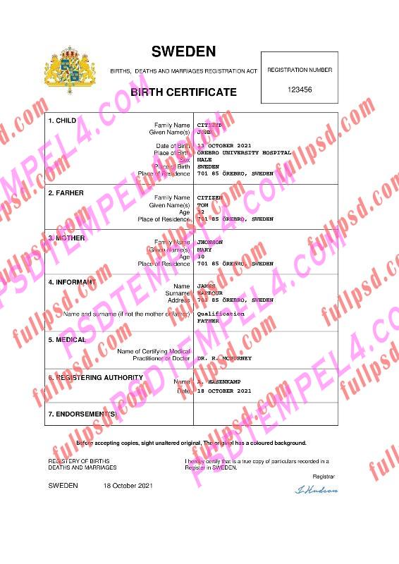 Sweden Birth certificate pdf and word