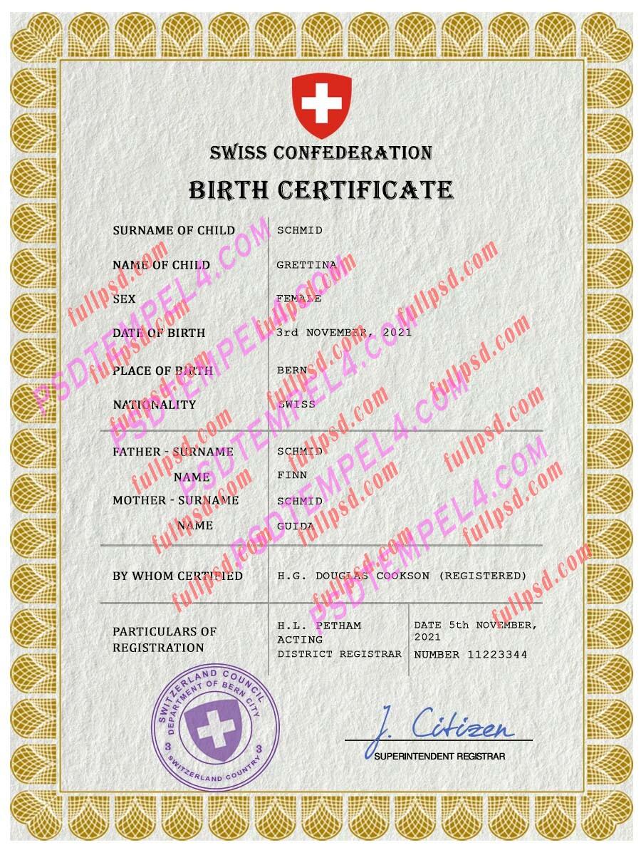 Switzerland Birth certificate PSD