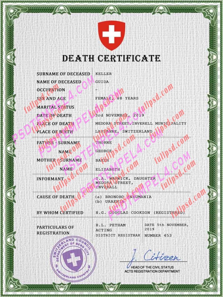 Switzerland death certificate psd