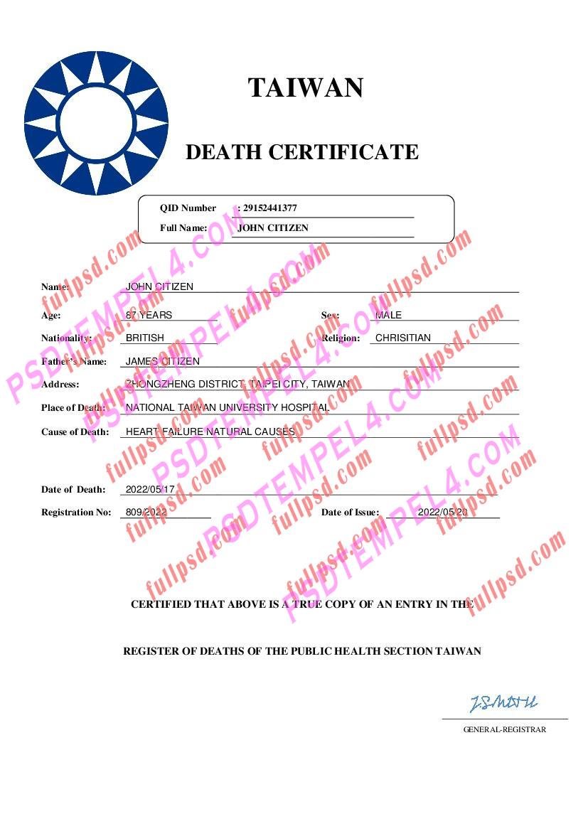 Taiwan death certificate pdf and word