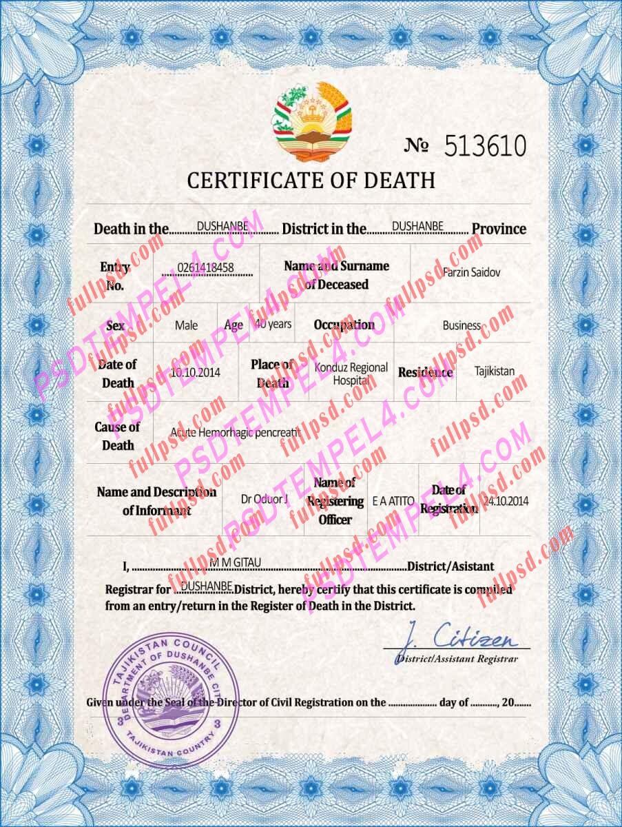Tajikistan death certificate psd