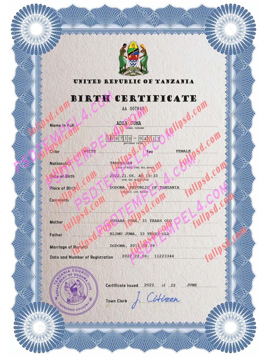 Tanzania Birth certificate PSD