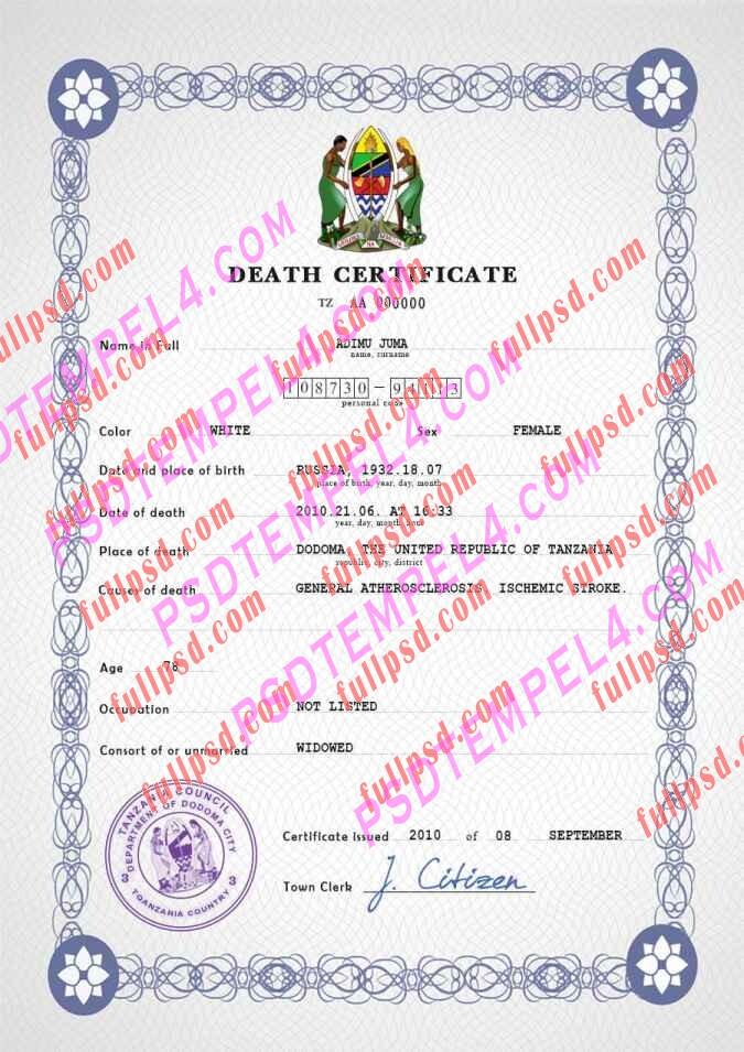 Tanzania death certificate psd