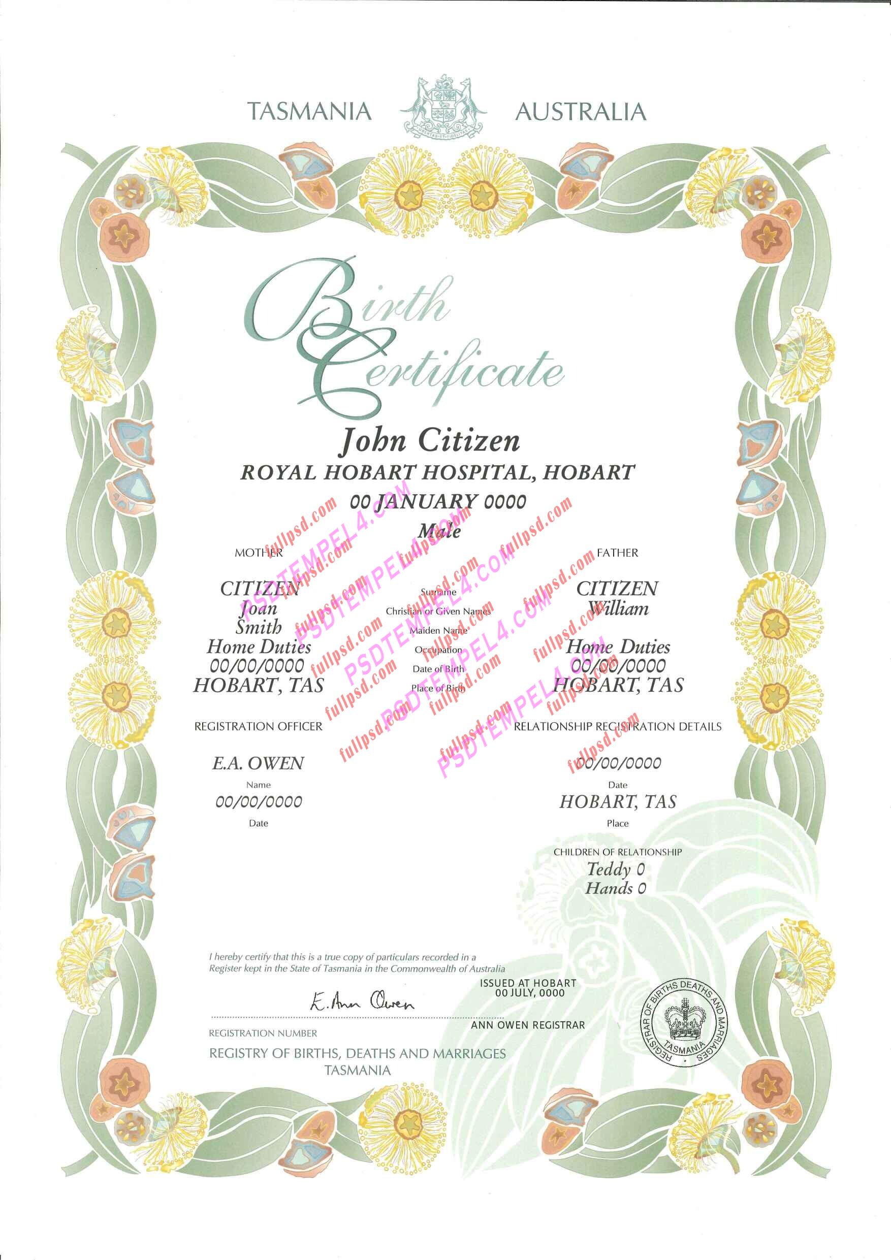 Australia Tasmania Birth certificate PSD