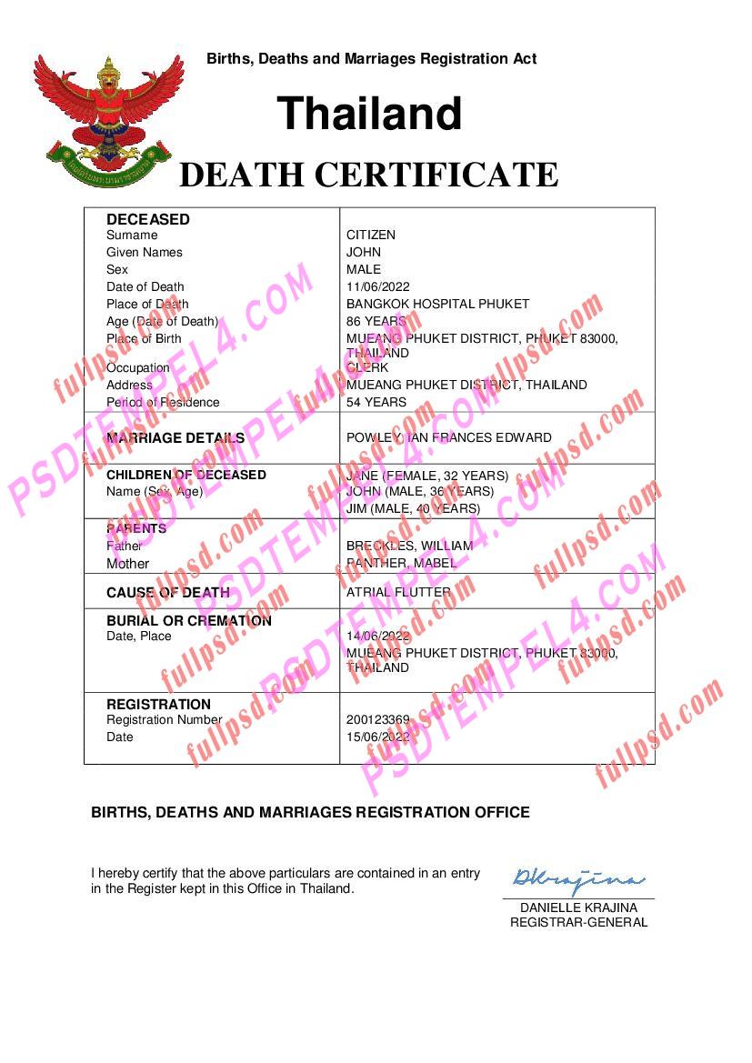 Thailand death certificate pdf and word