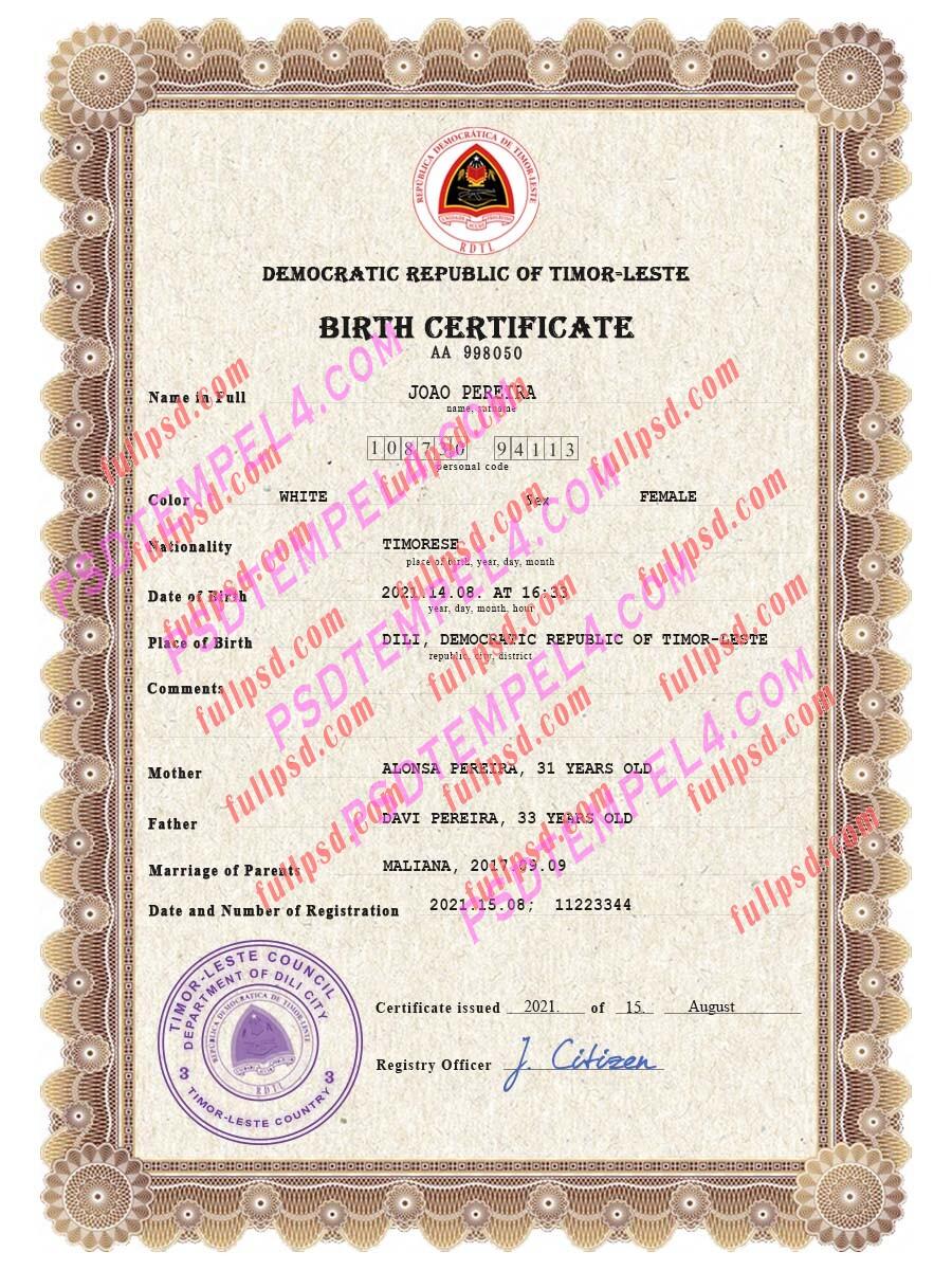 Timor Leste Birth certificate PSD