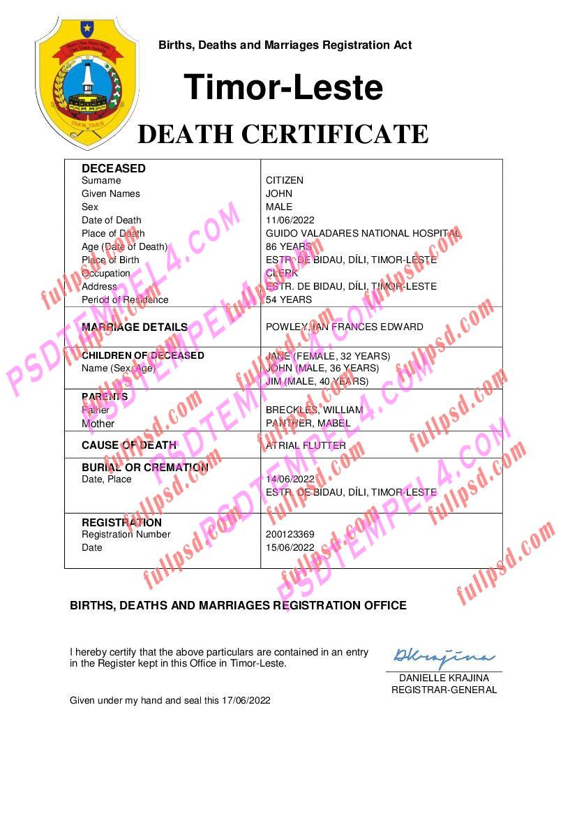 Timor Leste death certificate pdf and word