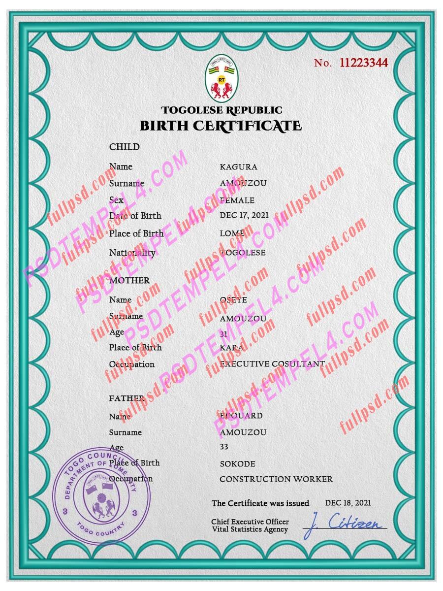 Togo Birth certificate PSD