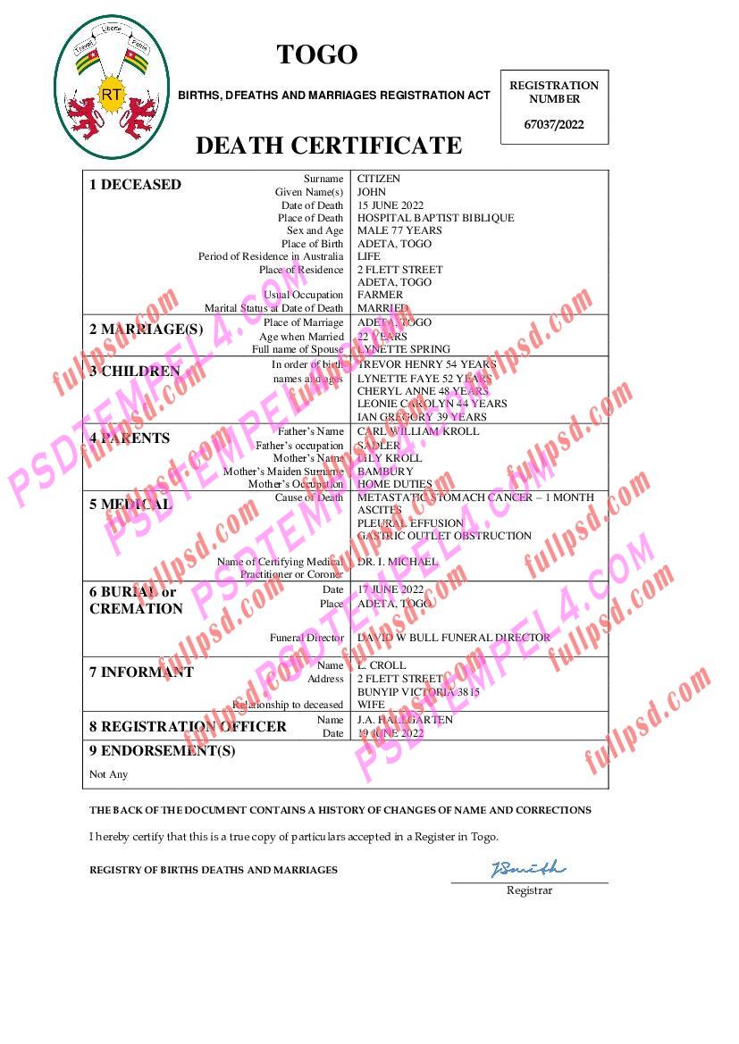 Togo death certificate pdf and word