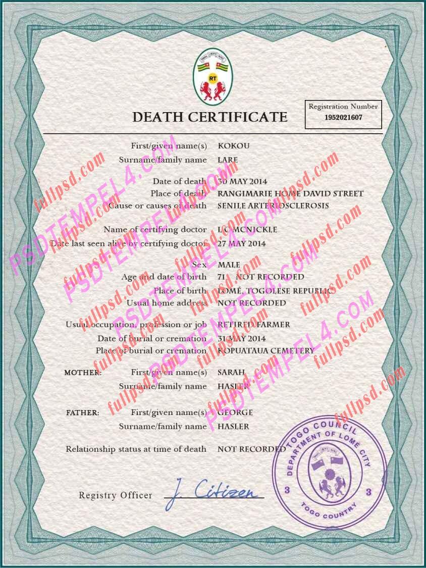 Togo death certificate psd
