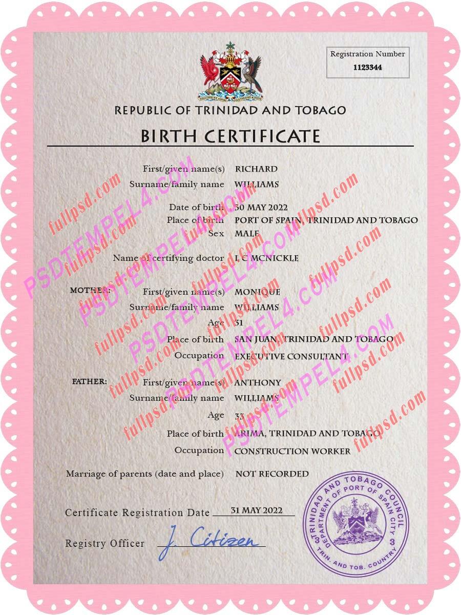 Trinidad and Tobago Birth certificate PSD