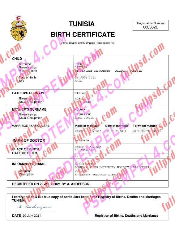Tunisia Birth certificate pdf and word