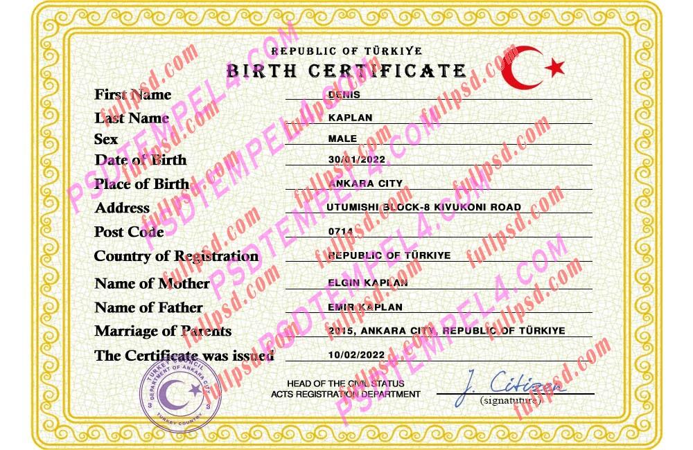 Turkey Birth certificate PSD