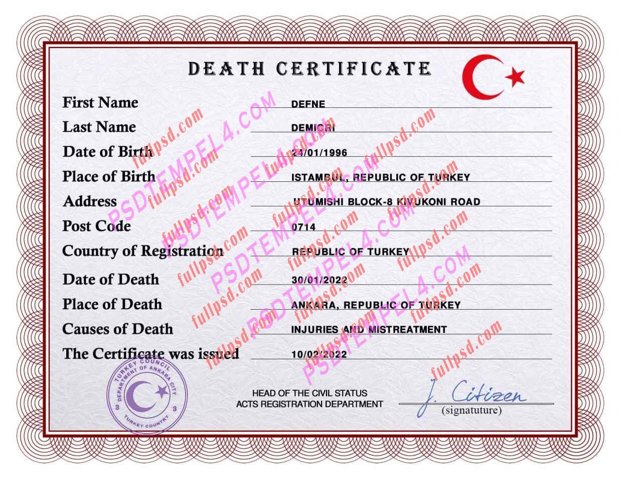 Turkey death certificate psd