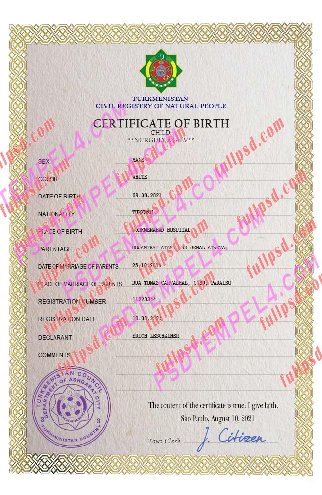 Turkmenistan Birth certificate PSD