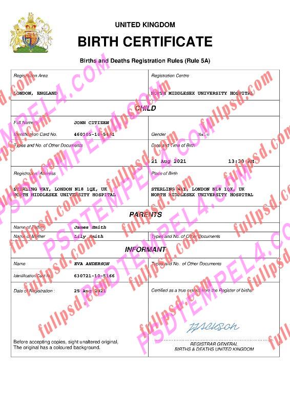 UK United Kingdom Birth certificate pdf and word