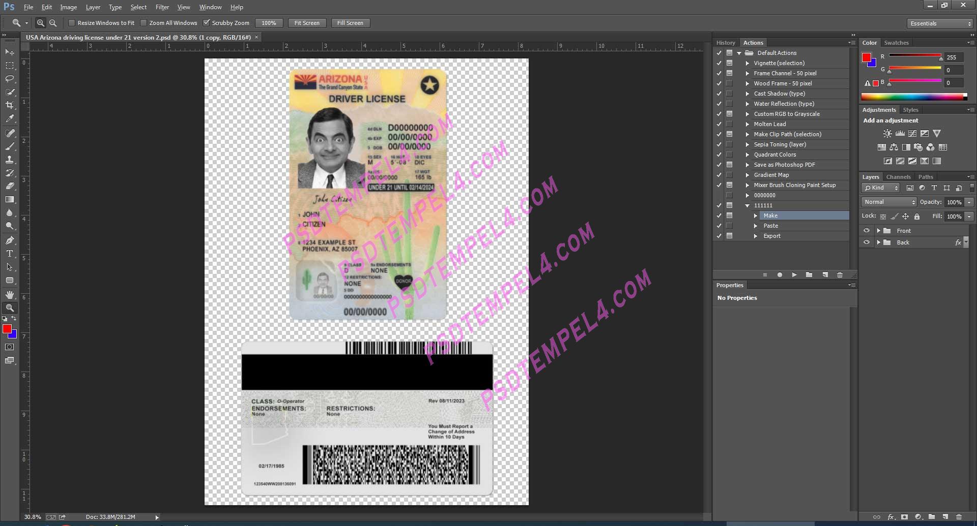 USA Arizona Driver License under 21 PSD V1