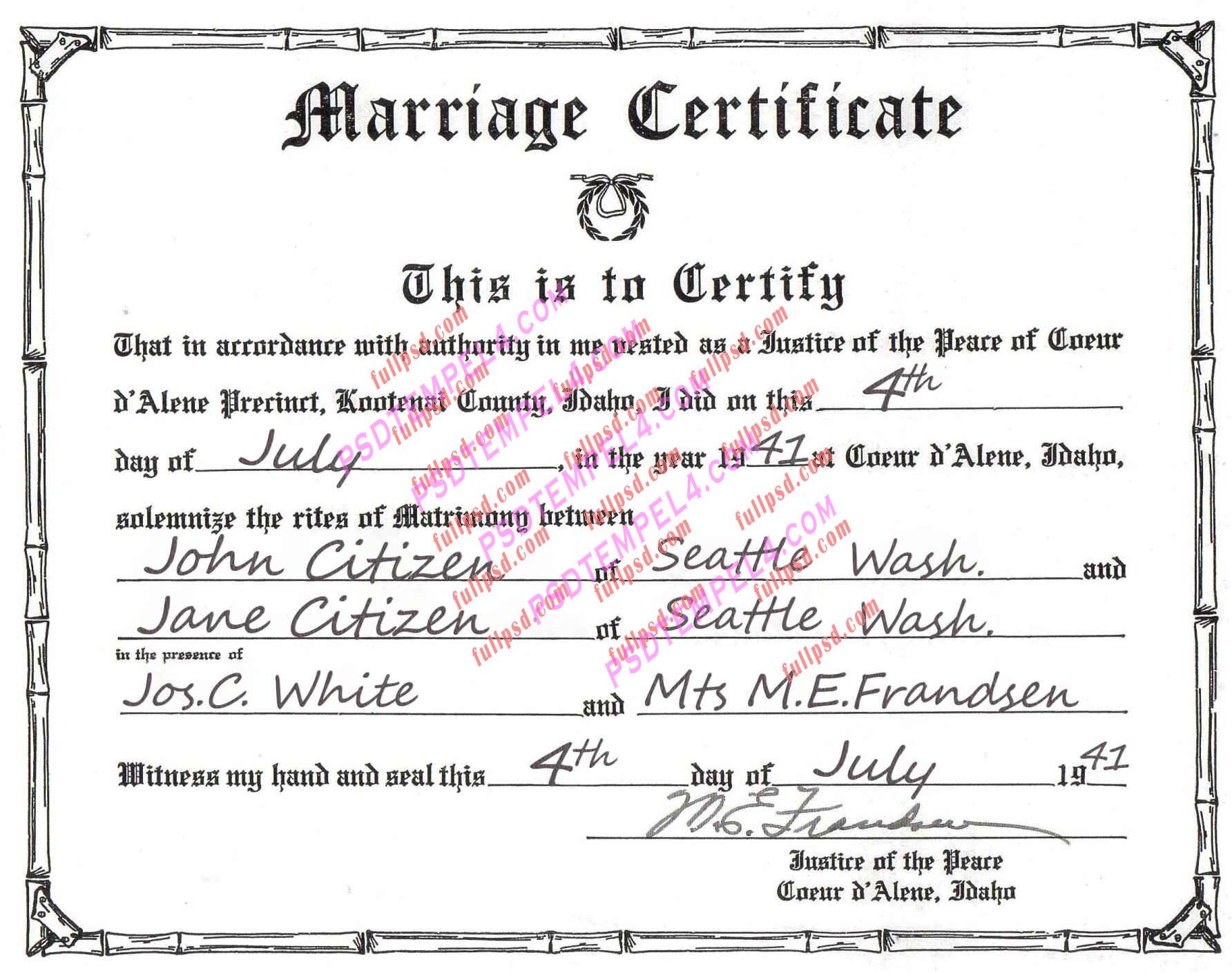USA Idaho marriage certificate psd