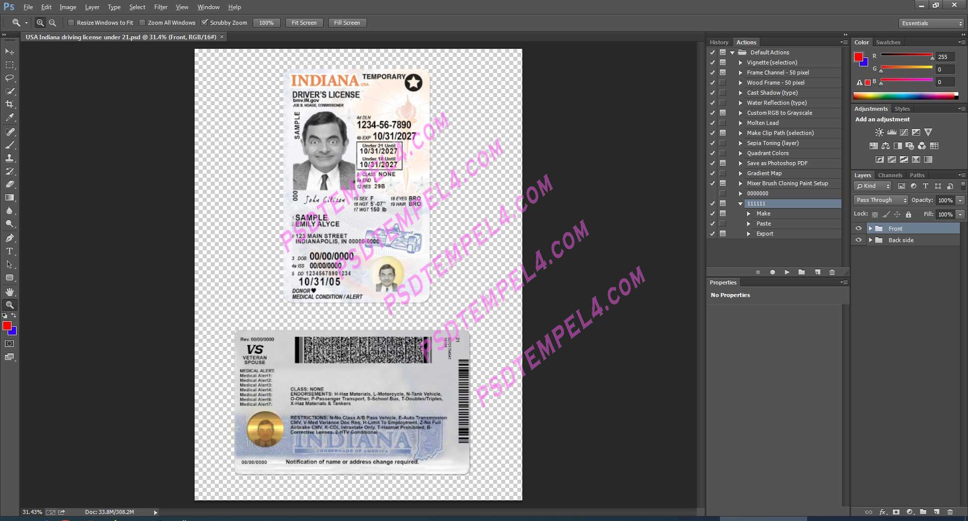 USA Indiana Driver License under 21 PSD