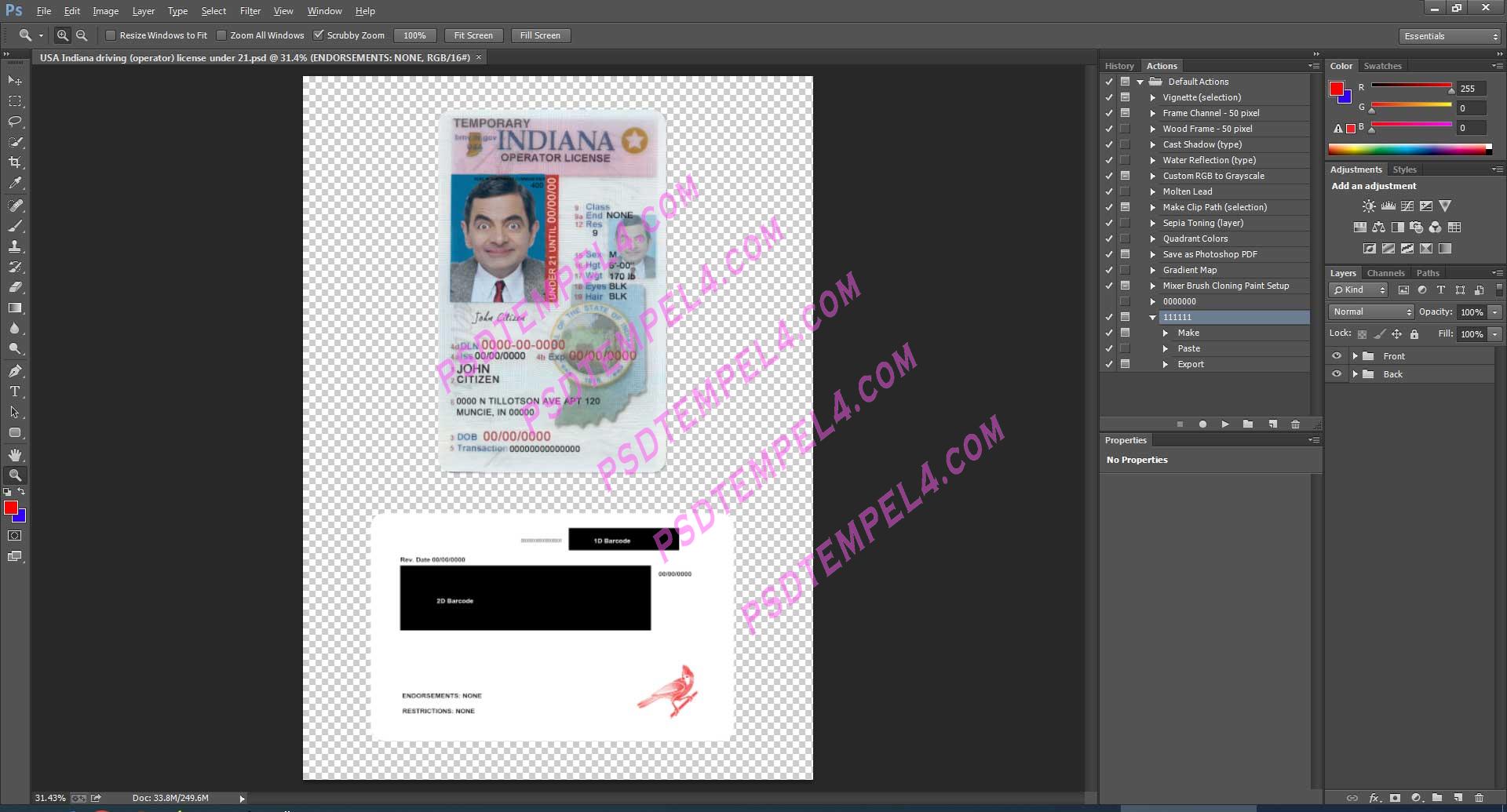 USA Indiana Driving Operator License under 21 PSD