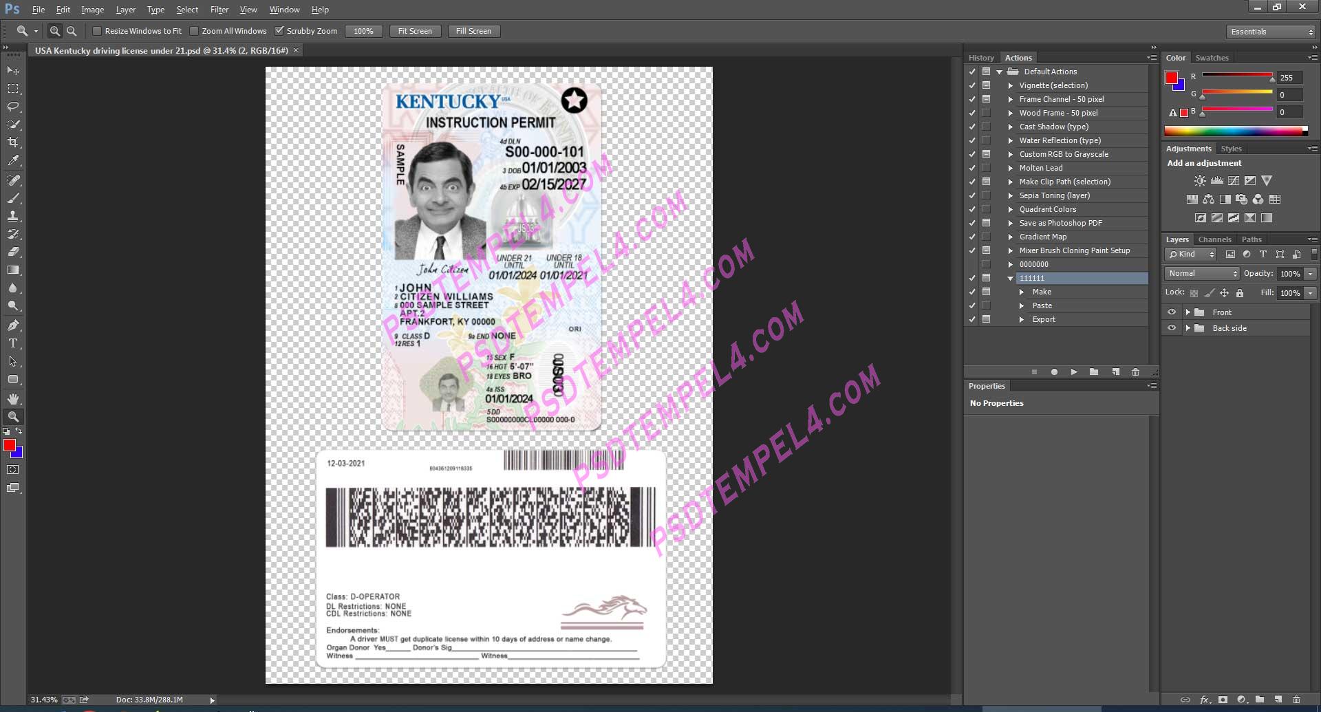 USA Kentucky Driver License under 21 PSD