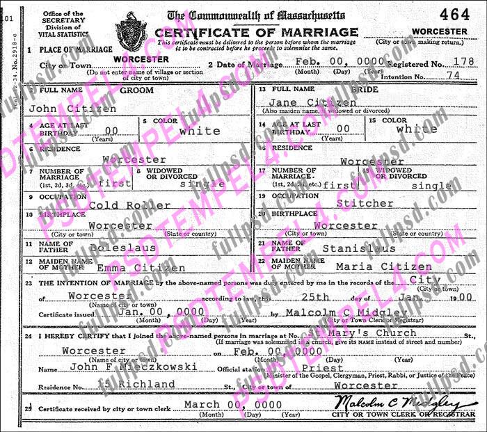 USA Massachusetts marriage certificate psd