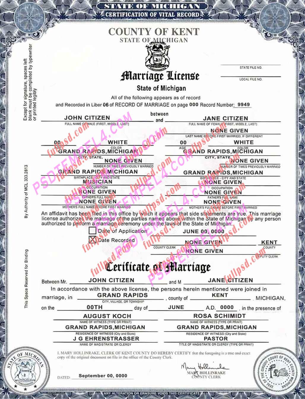USA Michigan marriage certificate psd
