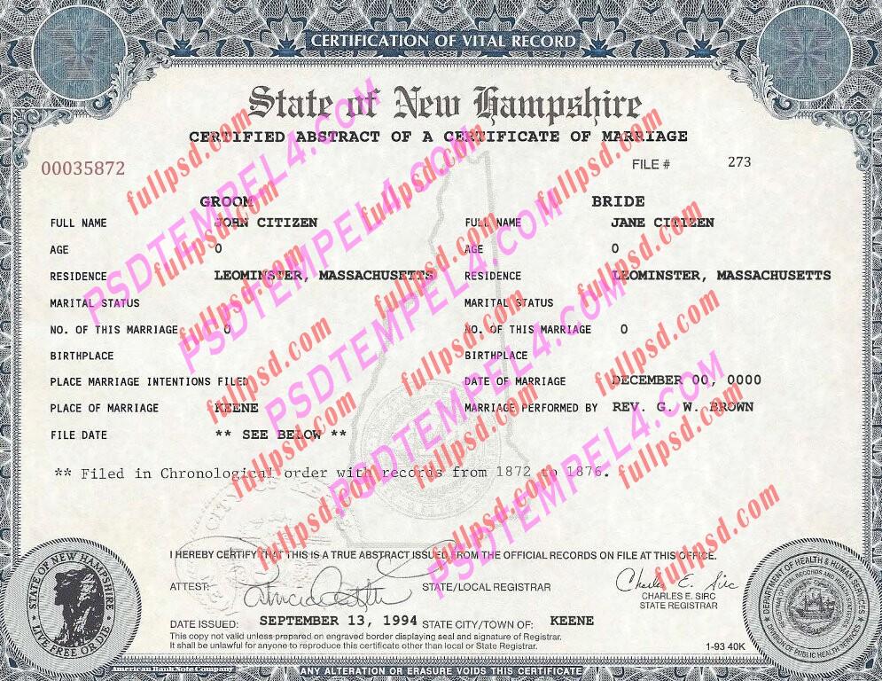 USA New Hampshire marriage certificate psd
