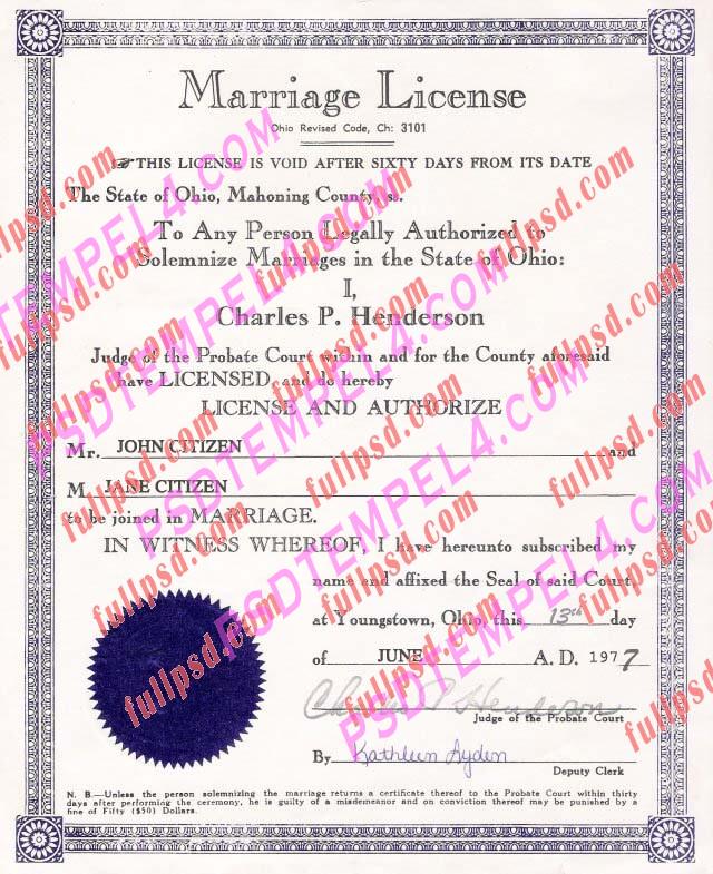 USA Ohio marriage certificate psd