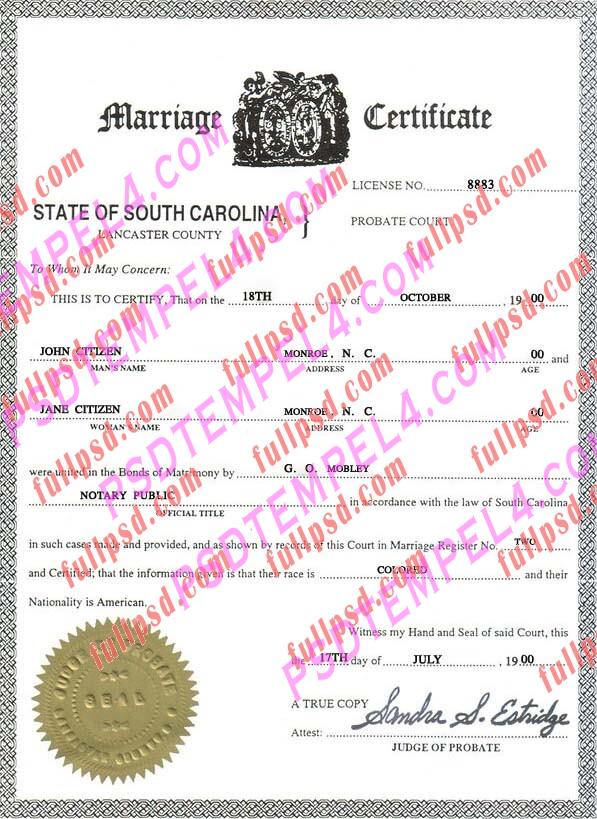 USA South carolina marriage certificate psd