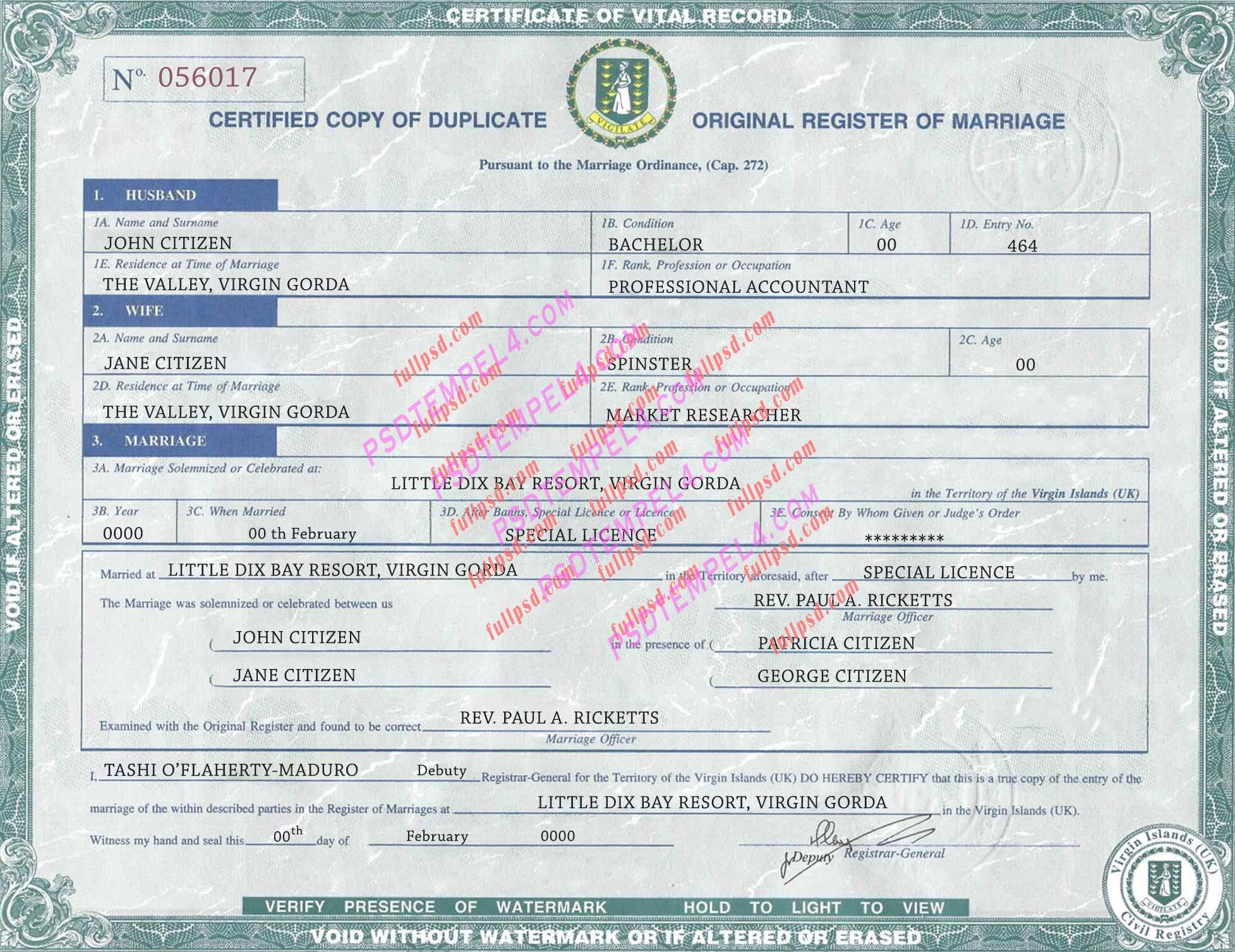 USA Virginian islands marriage certificate psd