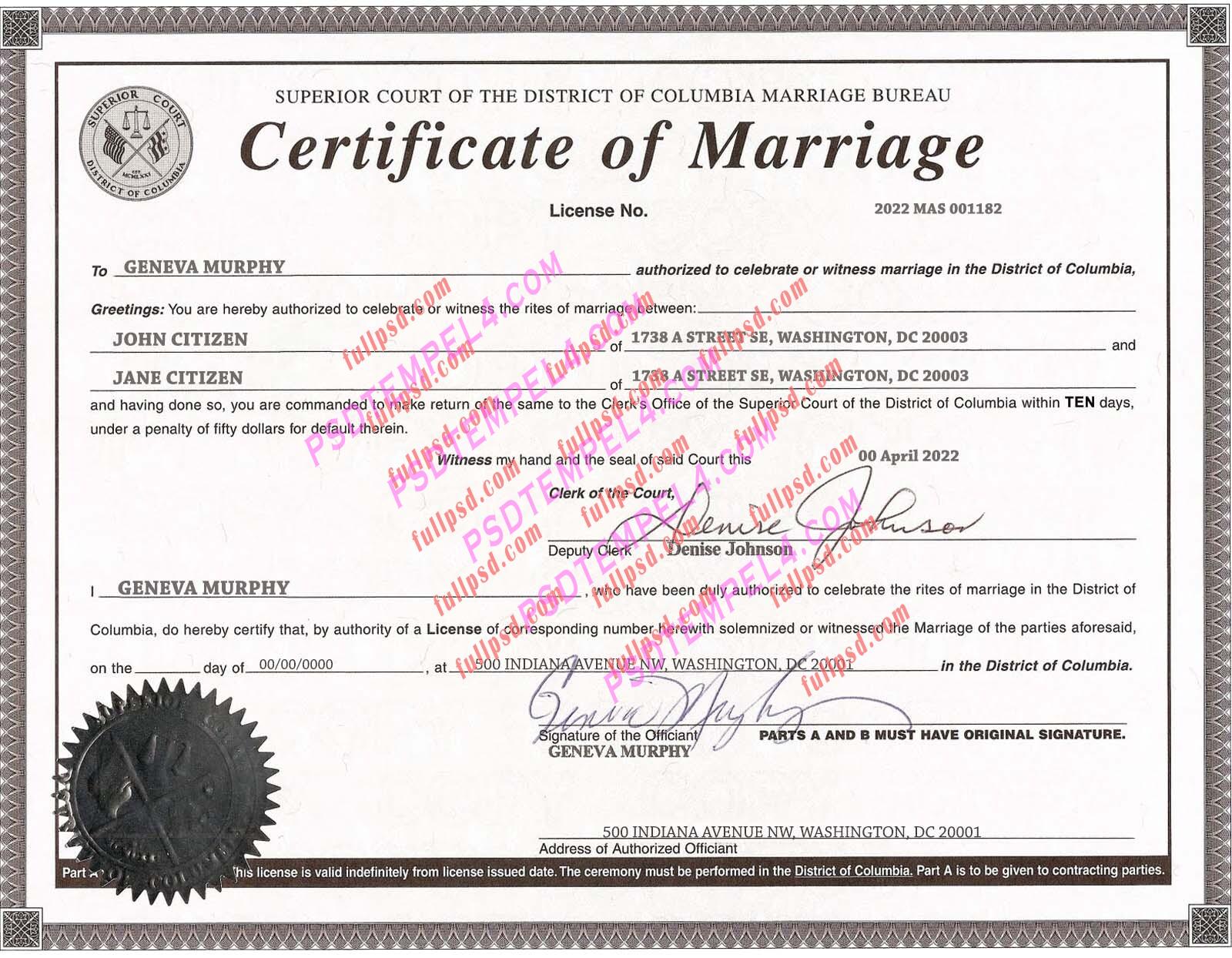 USA Washington DC marriage certificate psd