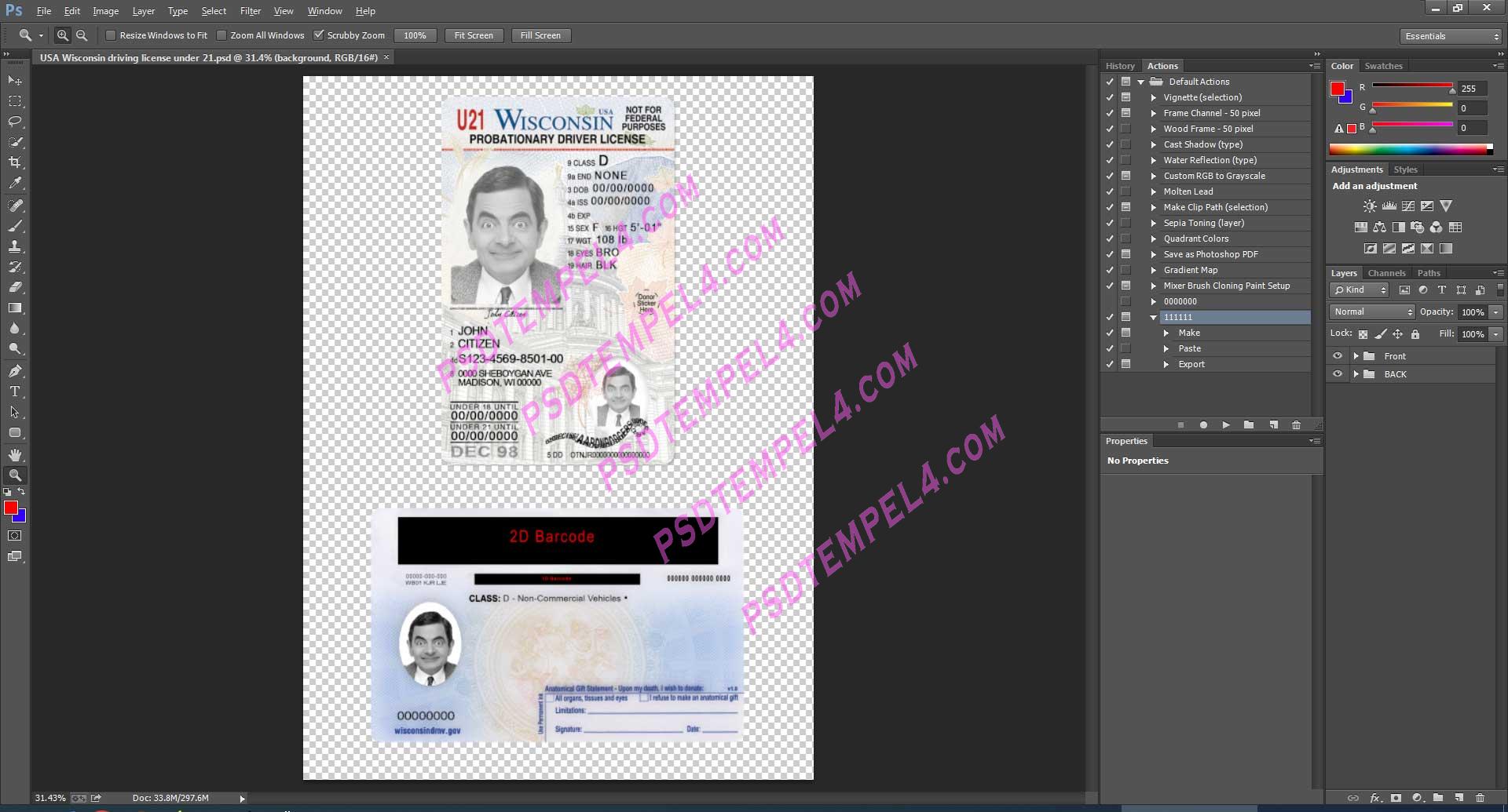 USA Wisconsin Driver License under 21 PSD