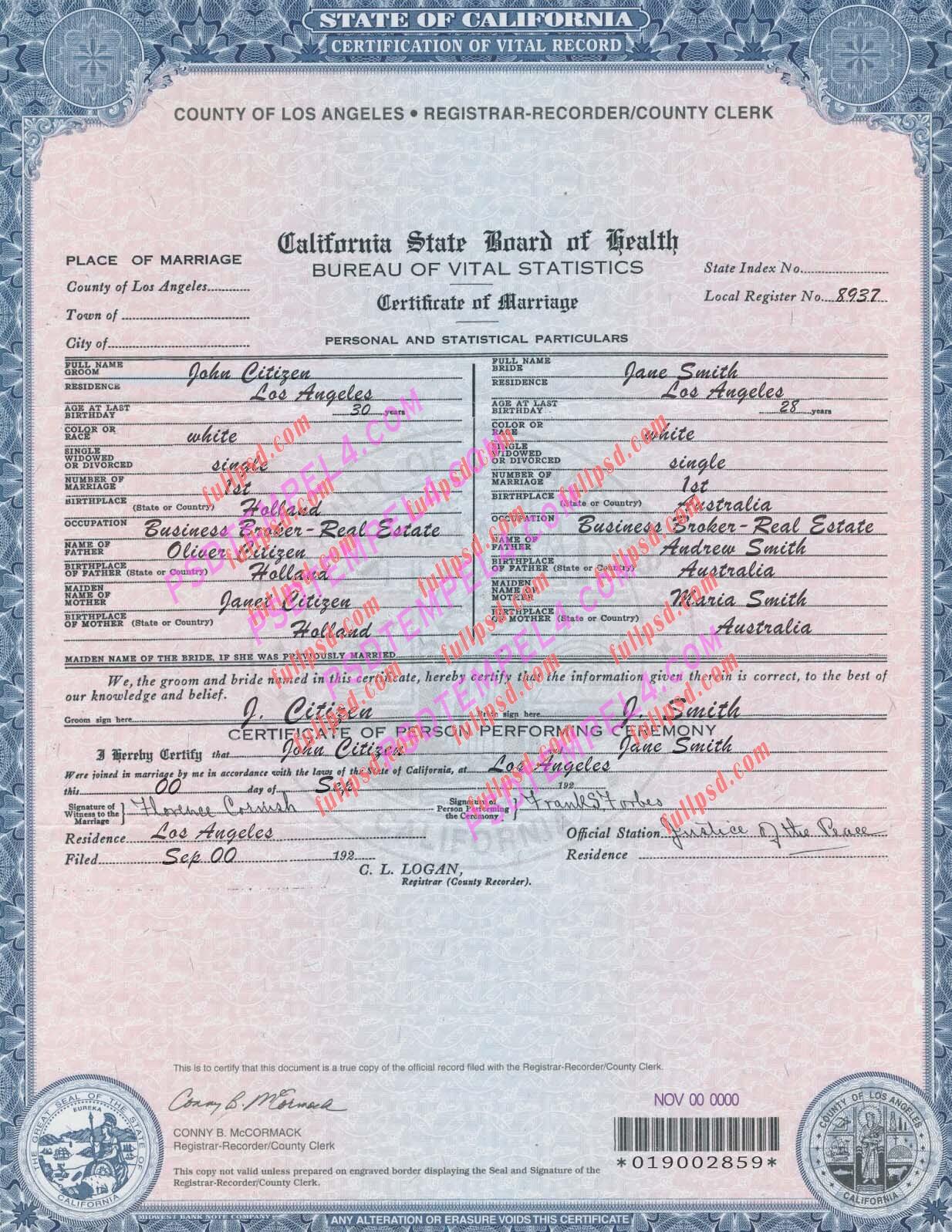 USA california marriage certificate psd