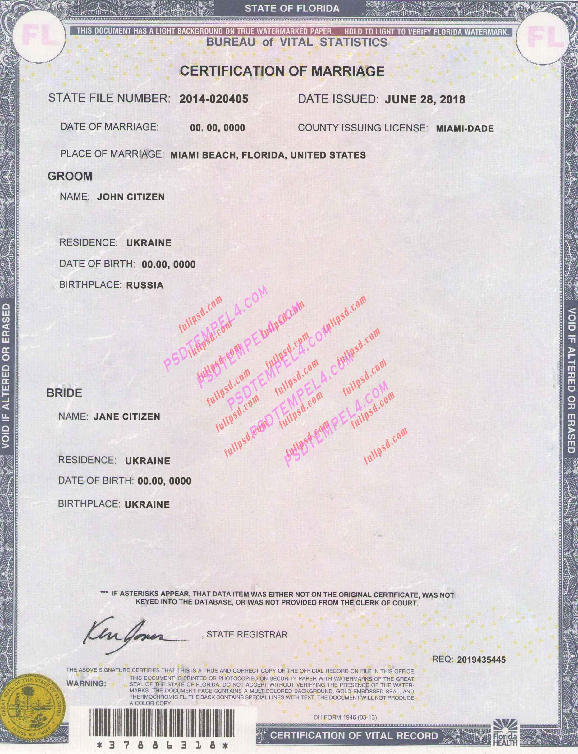 USA florida marriage certificate psd