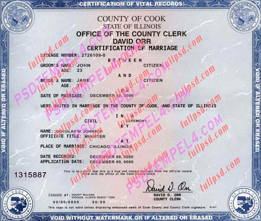 USA illinois marriage certificate psd