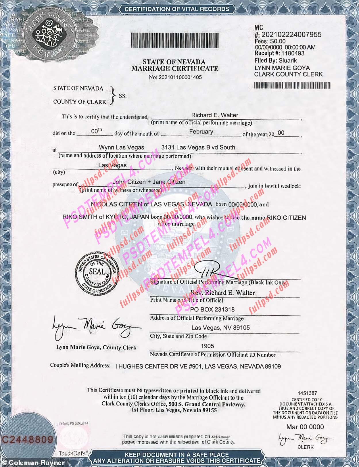 USA nevada marriage certificate psd